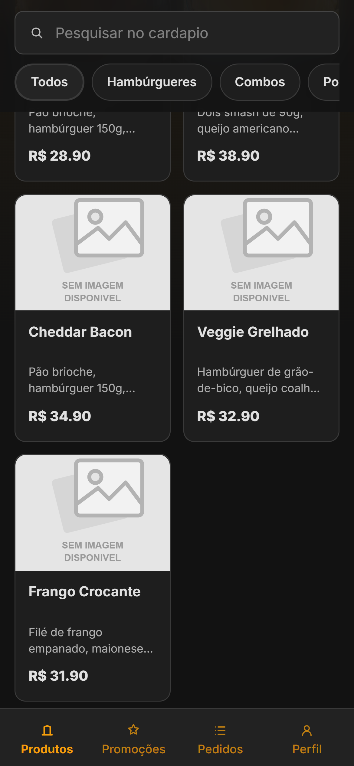 Lista de produtos do cardápio no celular