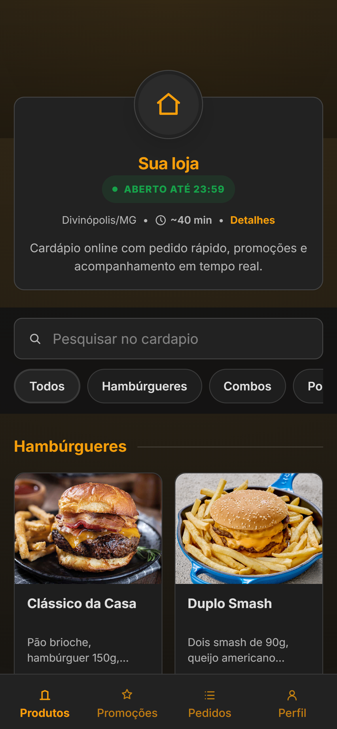 Cardápio digital da loja aberto no celular